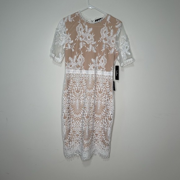 Lulus Dresses & Skirts - Lulus One Love Dress Large White Lace Nude Crochet Fitted Midi Bodycon Wedding